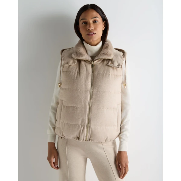 N.Peal Hooded Reversible Fur Gilet in Beige Brown