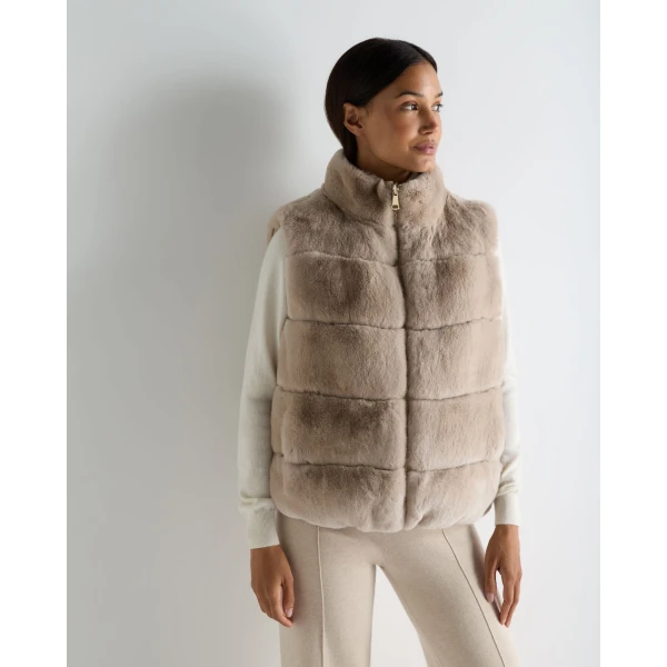N.Peal Hooded Reversible Fur Gilet in Beige Brown