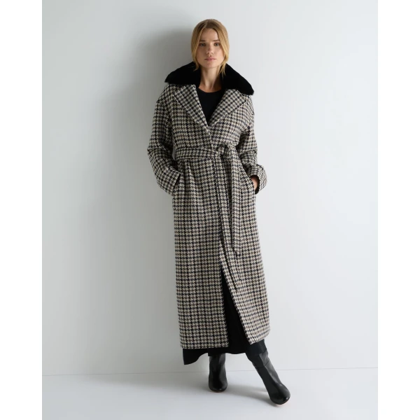 N.Peal Icon Dogtooth City Coat With Fur Collar in Beige Brown Dogtooth