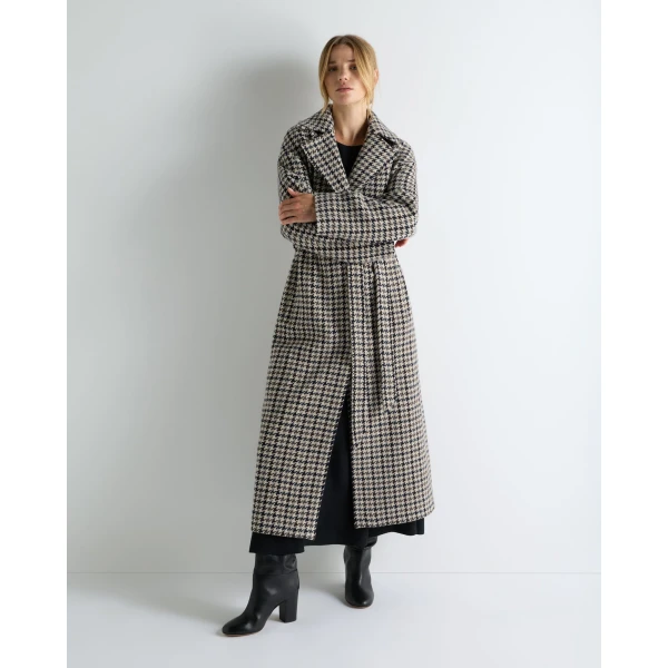 N.Peal Icon Dogtooth City Coat With Fur Collar in Beige Brown Dogtooth