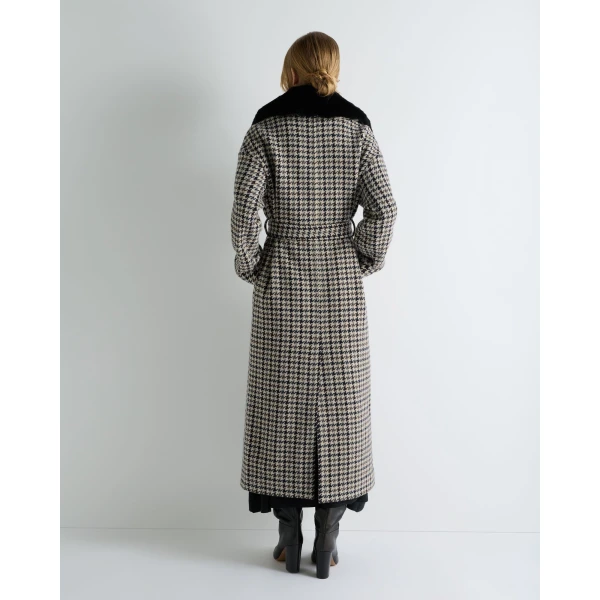 N.Peal Icon Dogtooth City Coat With Fur Collar in Beige Brown Dogtooth