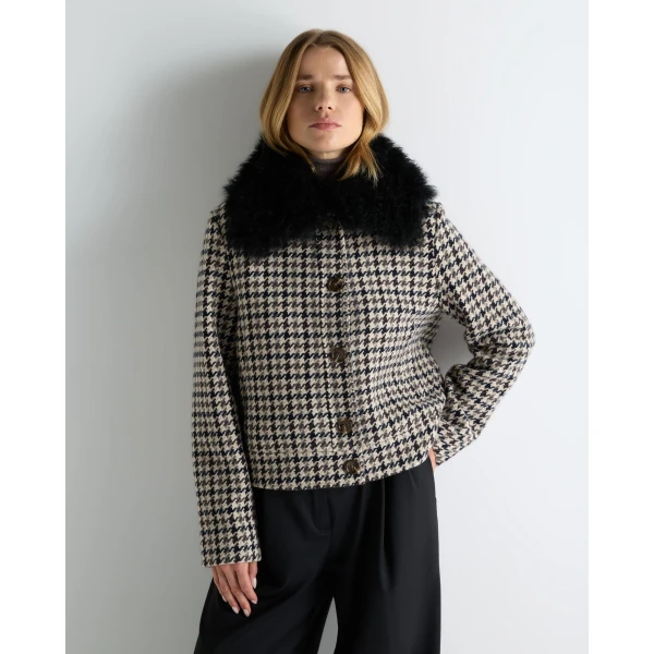 N.Peal Icon Dogtooth City Jacket With Fur Collar in Beige Brown Dogtooth