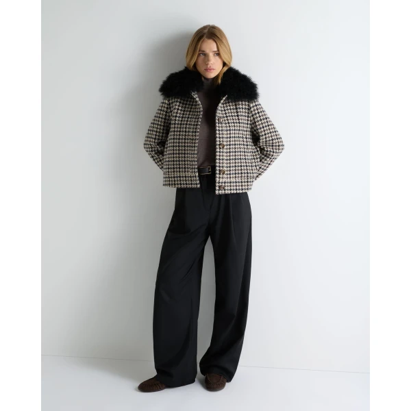 N.Peal Icon Dogtooth City Jacket With Fur Collar in Beige Brown Dogtooth
