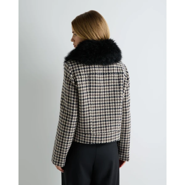 N.Peal Icon Dogtooth City Jacket With Fur Collar in Beige Brown Dogtooth