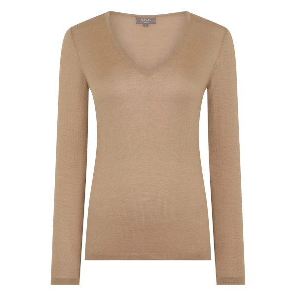 N.Peal Imogen Superfine Cashmere V Neck Jumper in Caramel Brown | Sweaters | Coveti