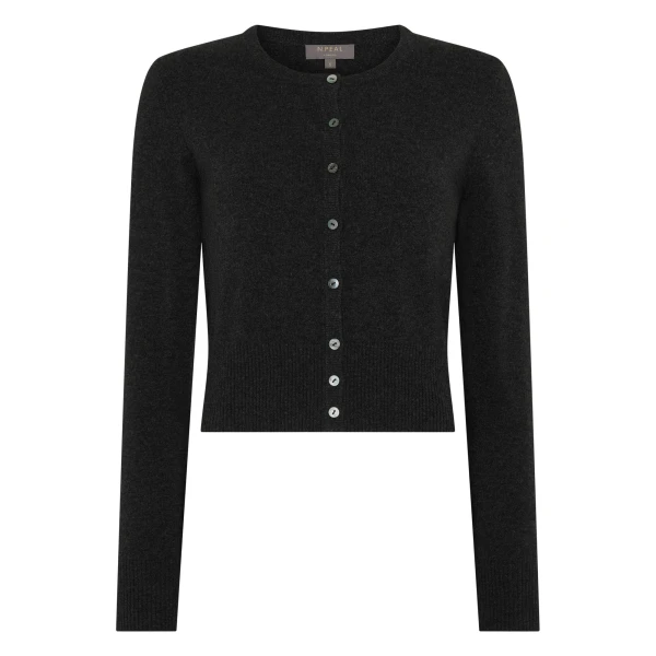 N.Peal Ivy Cropped Cashmere Cardigan in Deep Charcoal Grey | Cardigan | Coveti