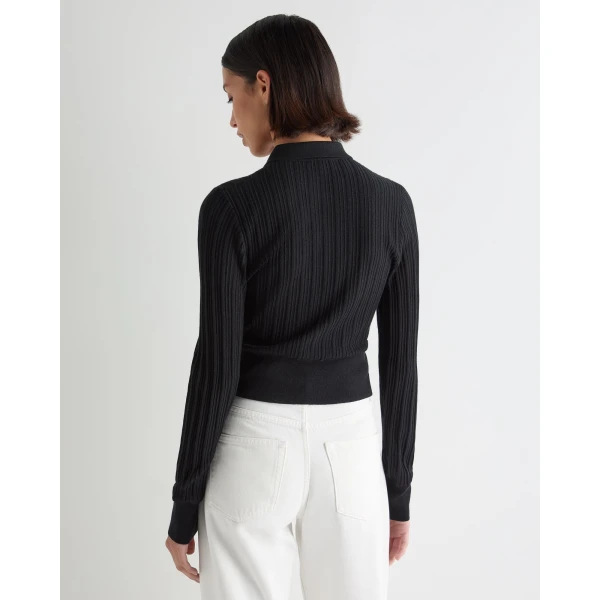 N.Peal Long Sleeve Ribbed Polo in Black
