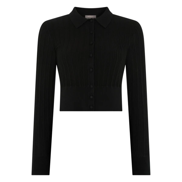 Long Sleeve Ribbed Polo in Black