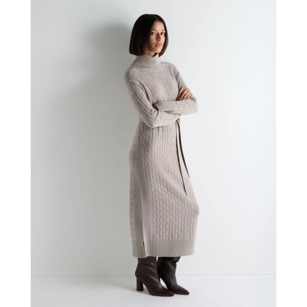N.Peal Longline Cable Cashmere Dress in Oat Grey