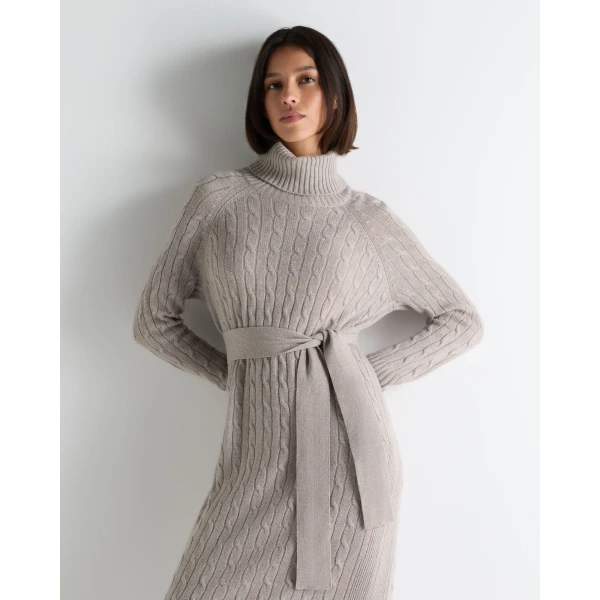 N.Peal Longline Cable Cashmere Dress in Oat Grey