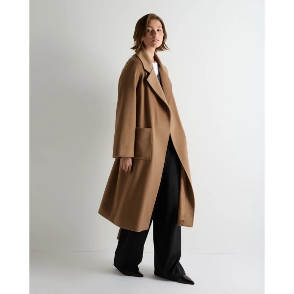 N.Peal Longline City Coat With Fur Trim in Camel Brown