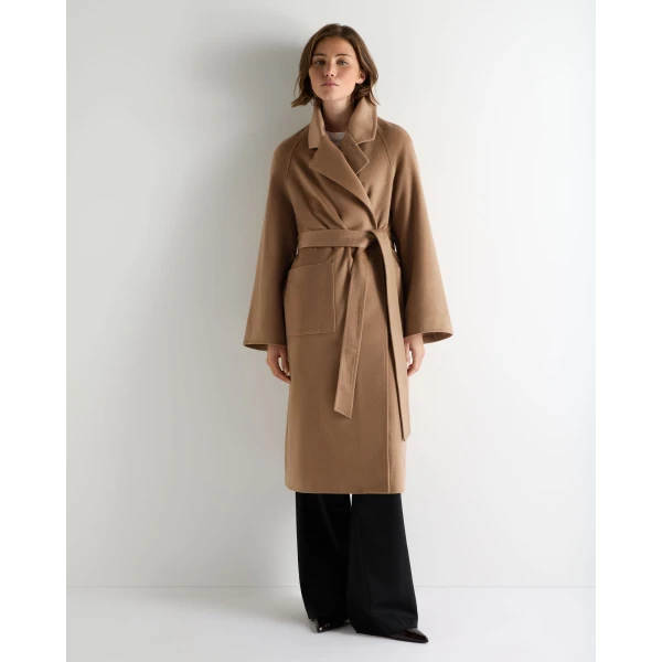 N.Peal Longline City Coat With Fur Trim in Camel Brown