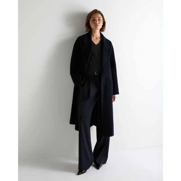 N.Peal Longline Woven Coat in Dark Navy Blue