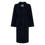 N.Peal Longline Woven Coat in Dark Navy Blue | Wool Coat | Coveti