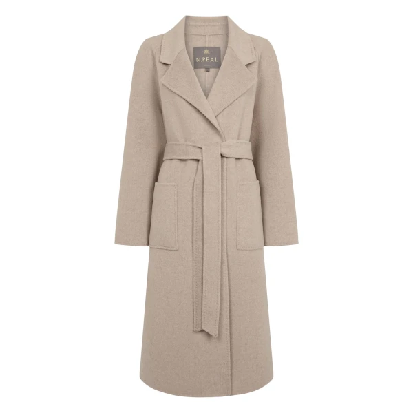 N.Peal Longline Woven Coat in Light Beige Brown | Wool Coat | Coveti