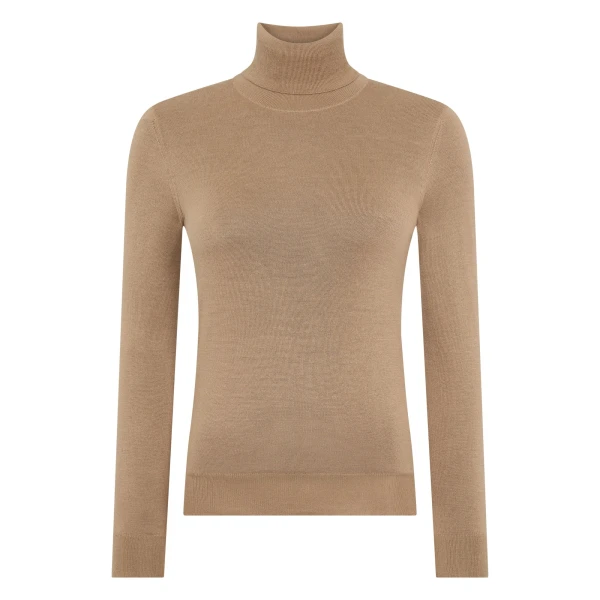 N.Peal Margot Superfine Cashmere Roll Neck Jumper in Caramel Brown | Turtlenecks | Coveti