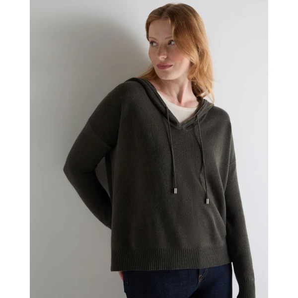 N.Peal Maya Metal Trim Cashmere Hoodie in Arabica Khaki Green