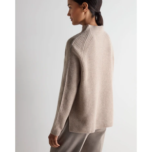 N.Peal Metal Funnel Neck Cashmere Jumper in Oatmeal Brown