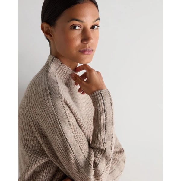 N.Peal Metal Funnel Neck Cashmere Jumper in Oatmeal Brown