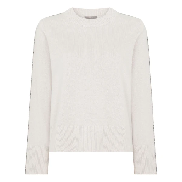 N.Peal Metal Trim Round Neck Cashmere Jumper in Frost White Sparkle | Sweaters | Coveti