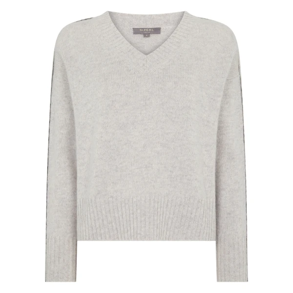 N.Peal Metal Trim V Neck Cashmere Jumper in Cashmere Grey Melange | Sweaters | Coveti