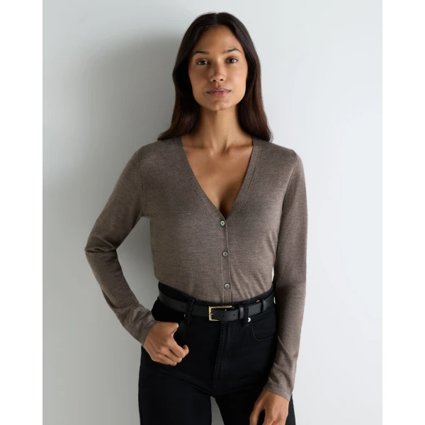 N.Peal Mia Superfine Cashmere V Neck Cardigan in Pecan Brown