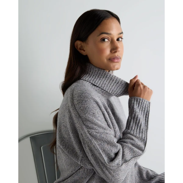 N.Peal Mollie Metal Trim Roll Neck Cashmere Jumper With Lurex in Ash Grey Sparkle
