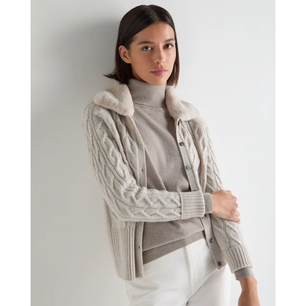 N.Peal Myla Fur Collar Cashmere Cardigan in Pebble Grey