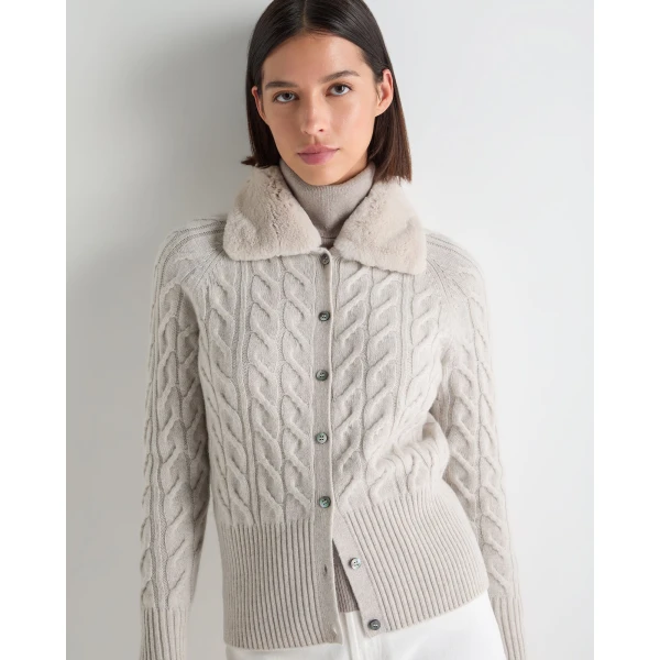 N.Peal Myla Fur Collar Cashmere Cardigan in Pebble Grey