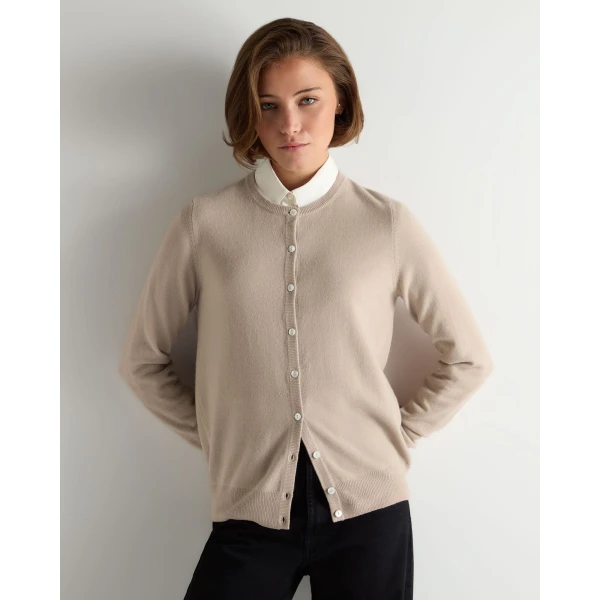 N.Peal Olivia Round Neck Cashmere Cardigan in Cashew Brown