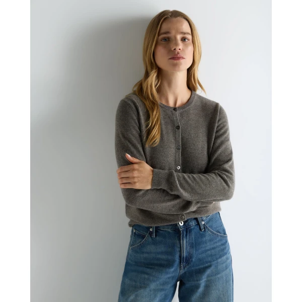 N.Peal Olivia Round Neck Cashmere Cardigan in Wood Smoke Brown
