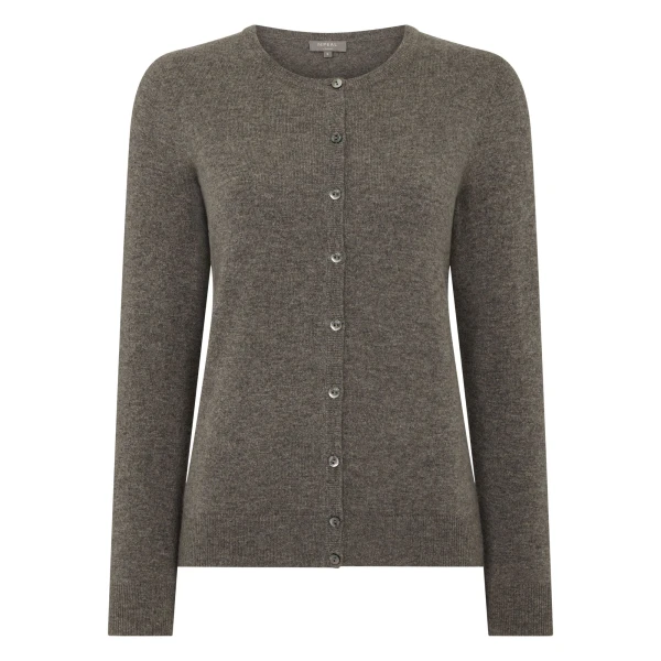N.Peal Olivia Round Neck Cashmere Cardigan in Wood Smoke Brown | Cardigan | Coveti