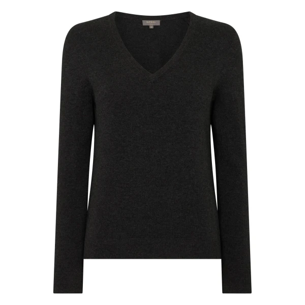 N.Peal Phoebe V Neck Cashmere Jumper in Deep Charcoal Grey | Sweaters | Coveti