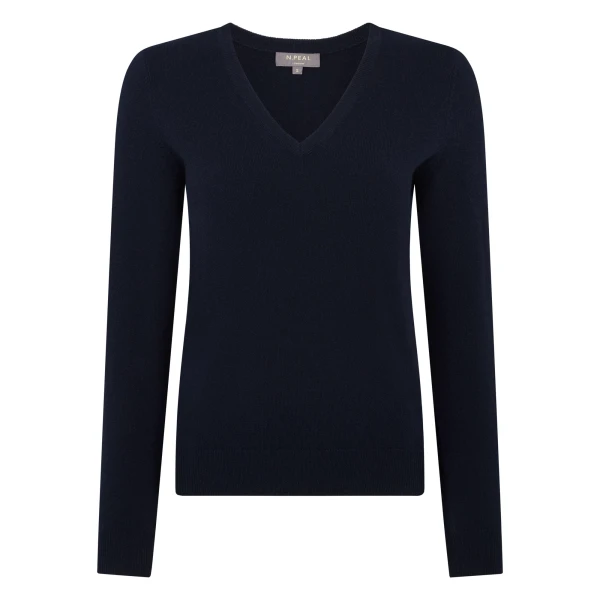 N.Peal Phoebe V Neck Cashmere Jumper in Navy Blue | Sweaters | Coveti