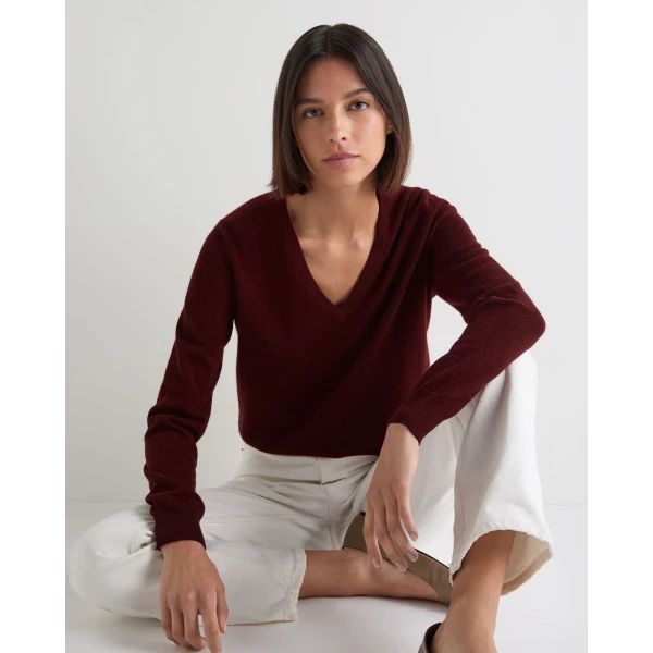 N.Peal Phoebe V Neck Cashmere Jumper in Rustic Red