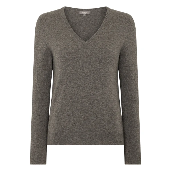 N.Peal Phoebe V Neck Cashmere Jumper in Wood Smoke Brown | Sweaters | Coveti