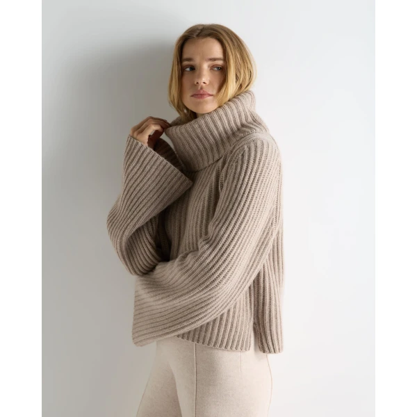 N.Peal Ribbed Bell Sleeve Cashmere Jumper in Oatmeal Brown
