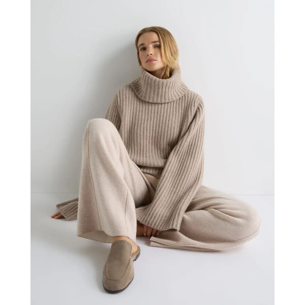 N.Peal Ribbed Bell Sleeve Cashmere Jumper in Oatmeal Brown