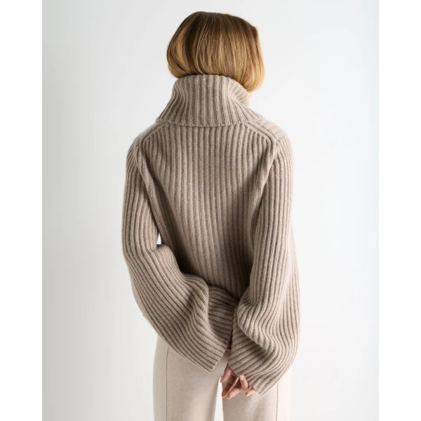 N.Peal Ribbed Bell Sleeve Cashmere Jumper in Oatmeal Brown