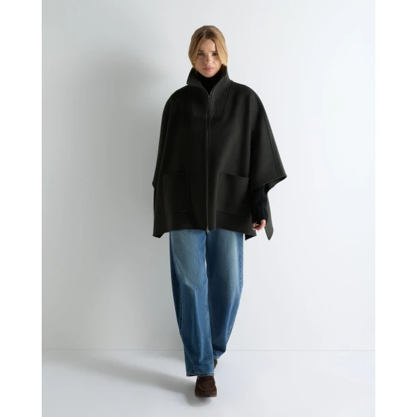 N.Peal Ribbed Collar Woven Cape in Dark Green