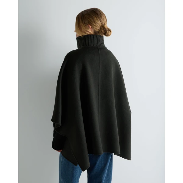 N.Peal Ribbed Collar Woven Cape in Dark Green