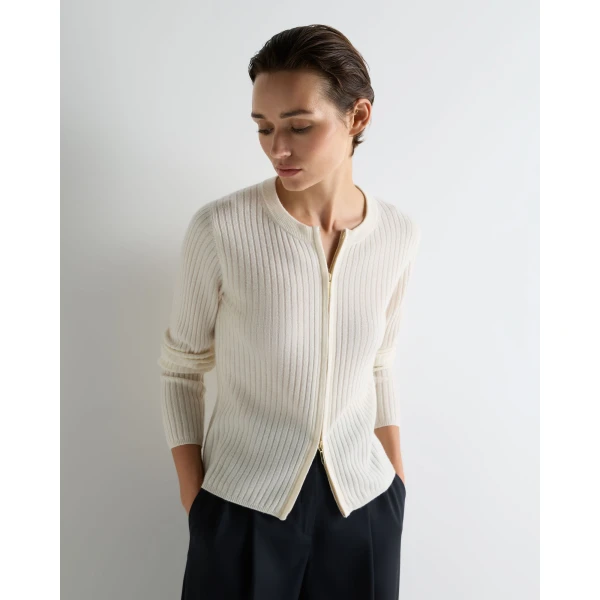 N.Peal Ribbed Full Zip Cashmere Jumper in New Ivory White