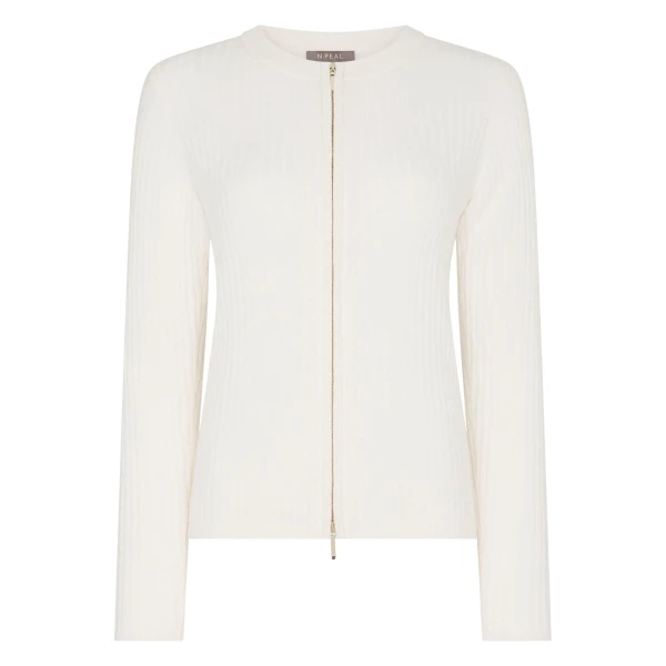 Ribbed Full Zip Cashmere Jumper in New Ivory White
