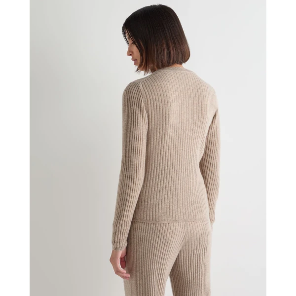 N.Peal Ribbed Full Zip Cashmere Jumper in Oatmeal Brown