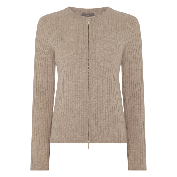 Ribbed Full Zip Cashmere Jumper in Oatmeal Brown