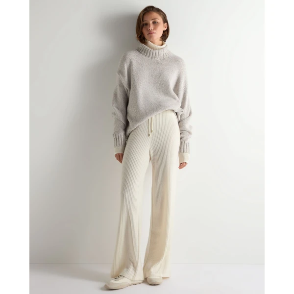 N.Peal Ribbed Wide Leg Cashmere Trousers in New Ivory White