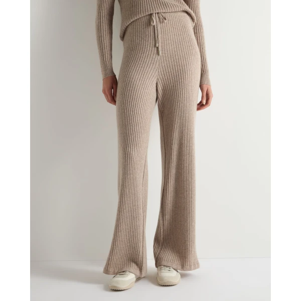 N.Peal Ribbed Wide Leg Cashmere Trousers in Oatmeal Brown