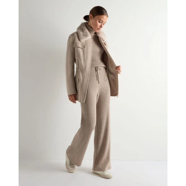 N.Peal Ribbed Wide Leg Cashmere Trousers in Oatmeal Brown