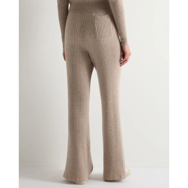 N.Peal Ribbed Wide Leg Cashmere Trousers in Oatmeal Brown