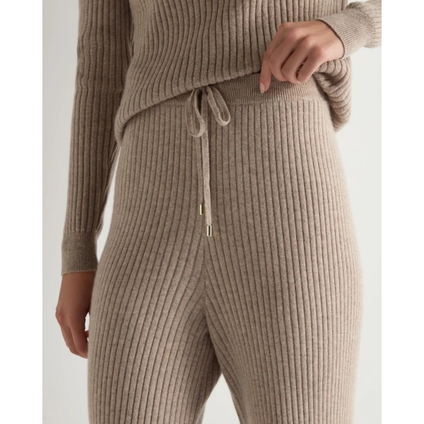 N.Peal Ribbed Wide Leg Cashmere Trousers in Oatmeal Brown